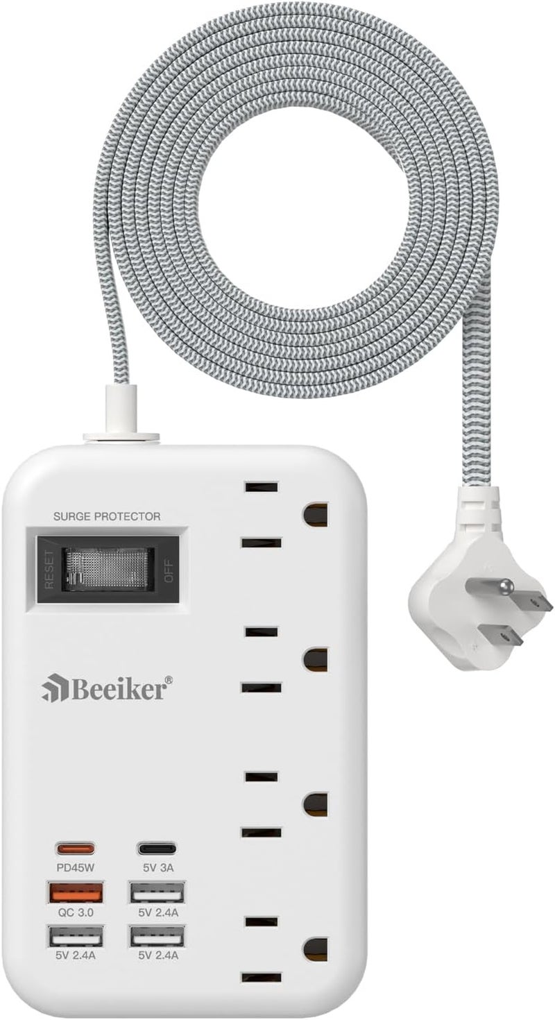 Beeiker 45W USB C Travel Power Strip- PD 45W Fast Charging Station with 6 USB(2 USB C) Ports and 4 Outlets,5Ft Flat Plug Braided Extension Cord Surge Protector for MacBook Laptops iPad Pro iPhone Samsung 13A - Image 1